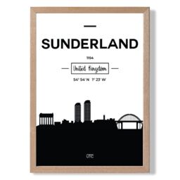 ARTZE Sunderland Black & White City Skyline Framed Print SIZE: A3 with Oak Frame - Size: A4