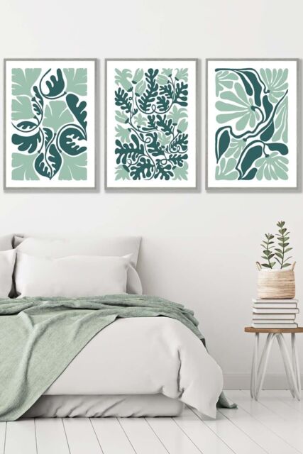 ARTZE Set of 3 Light Grey Framed Boho Abstract Green & White Floral Wall Art - Size: W33 cm x H45 cm x D20mm - image 1