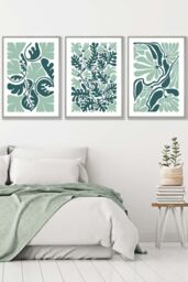 ARTZE Set of 3 Light Grey Framed Boho Abstract Green & White Floral Wall Art - Size: W33 cm x H45 cm x D20mm