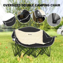 OUTSUNNY Double Camping Chair for Adults with Armrests, Cup Holders, Khaki - thumbnail 4