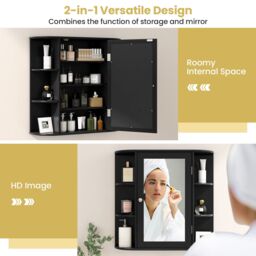 Gymax Mirrored Bathroom Cabinet Wall Medicine Cabinet With Adjustable Shelves in Black - thumbnail 2