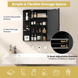 Gymax Mirrored Bathroom Cabinet Wall Medicine Cabinet With Adjustable Shelves in Black - thumbnail 4