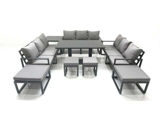 Fimous 13 Seater Garden Sofa Set Aluminium Furniture Rising Dining Tabe Set with Side Table 4 Footstools Dark Grey - image 1