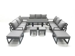 Fimous 13 Seater Garden Sofa Set Aluminium Furniture Rising Dining Tabe Set with Side Table 4 Footstools Dark Grey - thumbnail 1