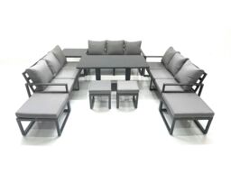 Fimous 13 Seater Garden Sofa Set Aluminium Furniture Rising Dining Tabe Set with Side Table 4 Footstools Dark Grey - thumbnail 2