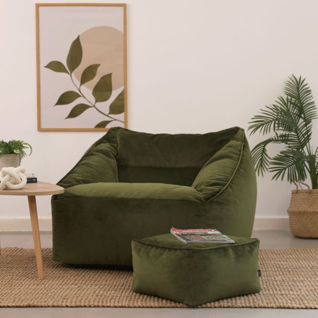 icon Natalia Velvet Adults Bean Bag Armchair & Pouffe, Large Beanbag & Footstool Olive Green - image 1