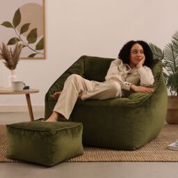 icon Natalia Velvet Adults Bean Bag Armchair & Pouffe, Large Beanbag & Footstool Olive Green - thumbnail 2
