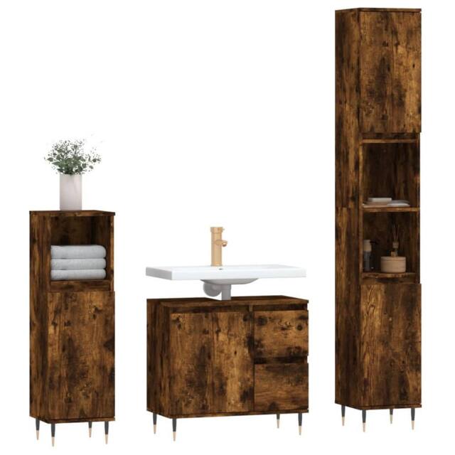 Berkfield Home Modern 3 Piece Bathroom Furniture Set Smoked Oak Engineered Wood in Brown - image 1