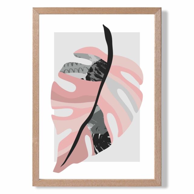 ARTZE Tropical Monstera Grey & Pink Boho Botanical Framed Print SIZE: A2 with Oak Frame - Size: A4 - image 1