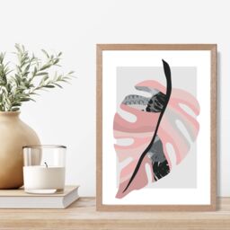 ARTZE Tropical Monstera Grey & Pink Boho Botanical Framed Print SIZE: A2 with Oak Frame - Size: A4 - thumbnail 2