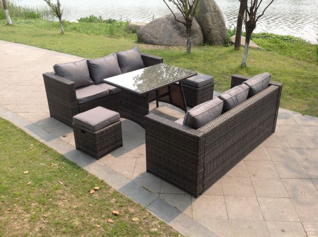 Fimous 8 Seater Lounge Rattan Sofa Set Dining Table Stools Outdoor Garden Furniture in Dark Grey - image 1