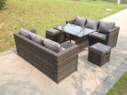 Fimous 8 Seater Lounge Rattan Sofa Set Dining Table Stools Outdoor Garden Furniture in Dark Grey - thumbnail 2