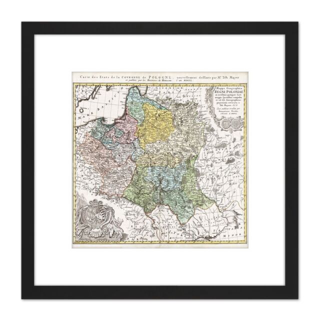 Artery8 Map Antique 1750 Homann Poland Old Historic Replica 8X8 Inch Square Wooden Framed Wall Art Print Picture with Mount in Black - image 1