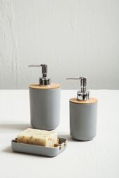 Orsina Grey Lotion Dispenser With Silver Pump, 500ml Bamboo Fibre Hand Lotion Dispenser, Sturdy Bathroom Accessory - thumbnail 3