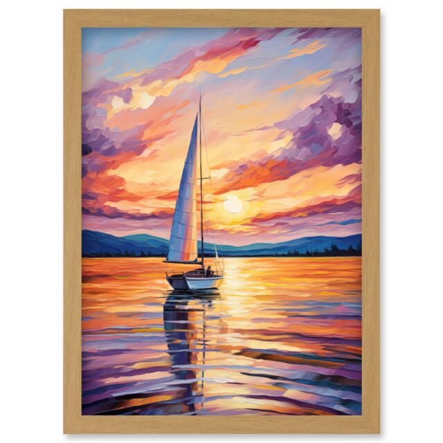 Artery8 Wall Art Print Sunset Sailing Vibrant Oil Painting Orange Purple Blue Bathroom Artwork Sail Boat Seascape Artwork Framed A4 in Light Oak - image 1