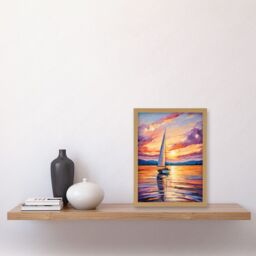 Artery8 Wall Art Print Sunset Sailing Vibrant Oil Painting Orange Purple Blue Bathroom Artwork Sail Boat Seascape Artwork Framed A4 in Light Oak - thumbnail 2