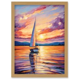Artery8 Wall Art Print Sunset Sailing Vibrant Oil Painting Orange Purple Blue Bathroom Artwork Sail Boat Seascape Artwork Framed A4 in Light Oak - thumbnail 1