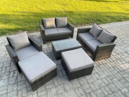 Fimous Outdoor Rattan Garden Furniture Set 7 Seater Patio Lounge Sofa Set with Coffee Table 2 Big Footstool Dark Grey Mixed - thumbnail 2
