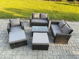 Fimous Outdoor Rattan Garden Furniture Set 7 Seater Patio Lounge Sofa Set with Coffee Table 2 Big Footstool Dark Grey Mixed - thumbnail 1