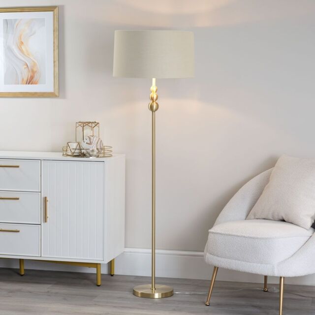 ValueLights Marissa Fabric Drum Shade with Brushed Gold Ball Floor Lamp with Bulb in Nude - image 1