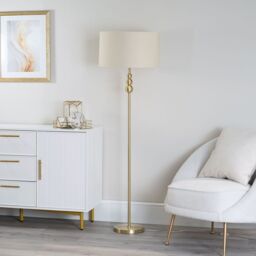 ValueLights Marissa Fabric Drum Shade with Brushed Gold Ball Floor Lamp with Bulb in Nude - thumbnail 5