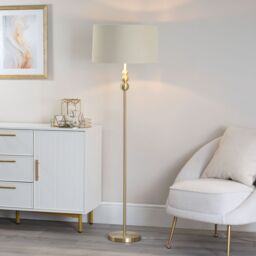 ValueLights Marissa Fabric Drum Shade with Brushed Gold Ball Floor Lamp with Bulb in Nude - thumbnail 1