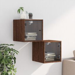 Berkfield Home Bedside Cabinets with Glass Doors 2 pcs Brown Oak 35x37x35 cm - Size: 35 x 37 x 35 cm - thumbnail 3