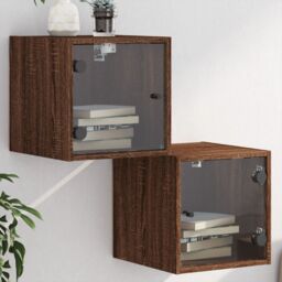 Berkfield Home Bedside Cabinets with Glass Doors 2 pcs Brown Oak 35x37x35 cm - Size: 35 x 37 x 35 cm