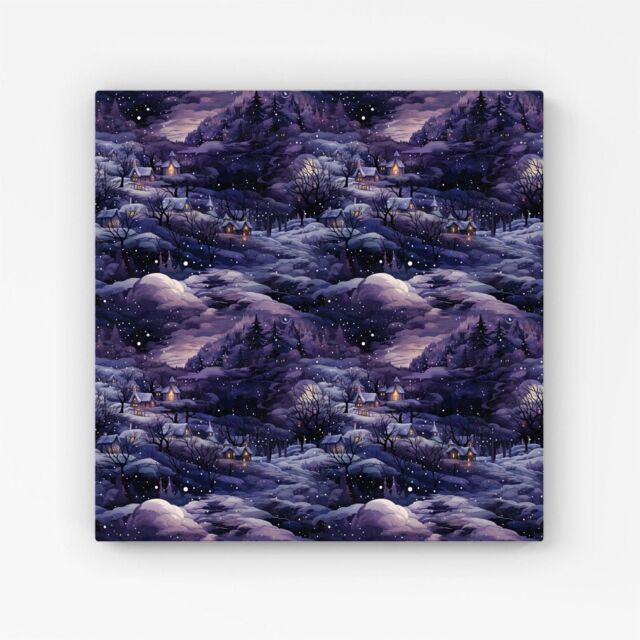"Warren Reed - Designer Snowy Christmas Village On A Starry Night Canvas in Blue - Size: W16"" x H16""" - image 1