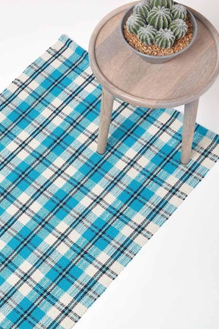Homescapes Irvine Handwoven Blue Tartan 100% Cotton Rug, 66 x 200 cm - Size: 66 cm x 200 cm - image 1