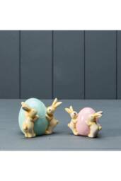 KDMD Ceramic Rabbits with Blue Egg in Yellow - thumbnail 2