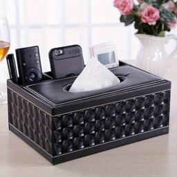 Smartbies Leather Tissue Box Multifunctional Organizer - Tissue Box Holder Accessory in Black - Size: Medium