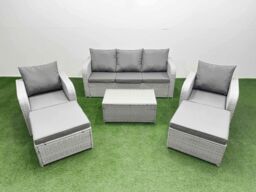 Fimous PE Rattan Garden Furniture Set Reclining Chair Sofa Lounge Sofa Set Oblong Coffee Table 2 Big Footstool Light Grey - thumbnail 2