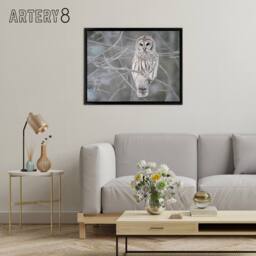 "Artery8 Barred Owl Strix Varia Bird On Branch Framed Canvas Wall Art Print in Grey - Size: W24"" x H32""" - thumbnail 3