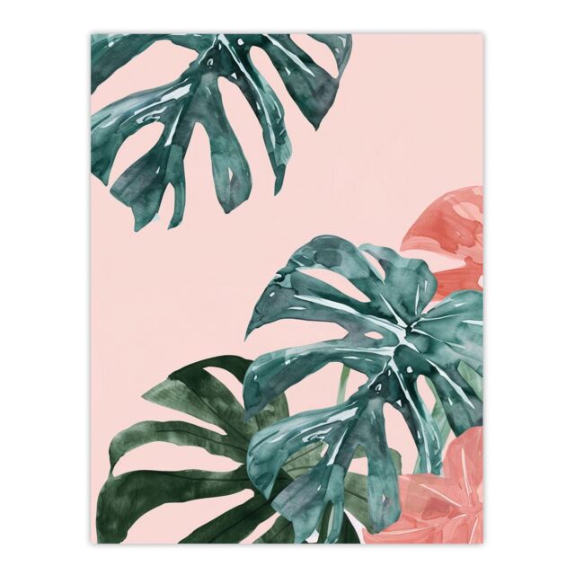 "Artery8 Plant Lover Pink Teal Monstera Leaves Watercolour Wall Art Print - Size: W12"" x H16""" - image 1