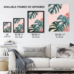 "Artery8 Plant Lover Pink Teal Monstera Leaves Watercolour Wall Art Print - Size: W12"" x H16""" - thumbnail 3