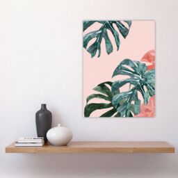 "Artery8 Plant Lover Pink Teal Monstera Leaves Watercolour Wall Art Print - Size: W12"" x H16""" - thumbnail 4