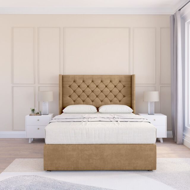 "Sloomy Dior Dumfries Wingback Bed Set, No Drawers & 54"" Floor Standing Headboard in Light Beige - Size: Small Double" - image 1