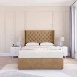 "Sloomy Dior Dumfries Wingback Bed Set, No Drawers & 54"" Floor Standing Headboard in Light Beige - Size: Small Double" - thumbnail 1