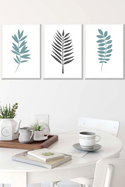 ARTZE Graphical Blue Grey Leaves Framed Wall Art - Medium in White - Size: W45 cm x H62 cm x D20mm - image 1