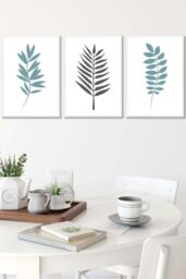 ARTZE Graphical Blue Grey Leaves Framed Wall Art - Medium in White - Size: W45 cm x H62 cm x D20mm - thumbnail 1