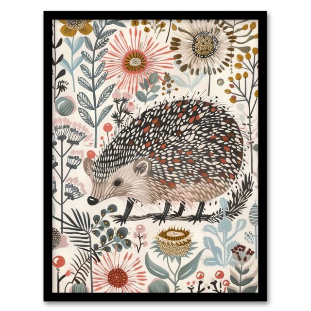 "Artery8 Hedgehog Flowers Artwork Rustic Woodland Floral Framed Art Print - Size: W12"" x H16""" - image 1