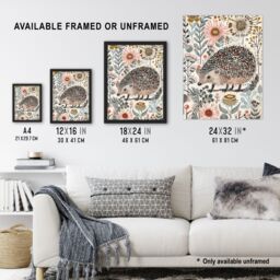 "Artery8 Hedgehog Flowers Artwork Rustic Woodland Floral Framed Art Print - Size: W12"" x H16""" - thumbnail 3