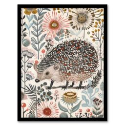 "Artery8 Hedgehog Flowers Artwork Rustic Woodland Floral Framed Art Print - Size: W12"" x H16""" - thumbnail 1