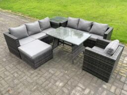 Fimous 8 Seater Wicker PE Rattan Garden Dining Set Outdoor Furniture Sofa with Patio Dining Table Armchair in Dark Grey - thumbnail 2