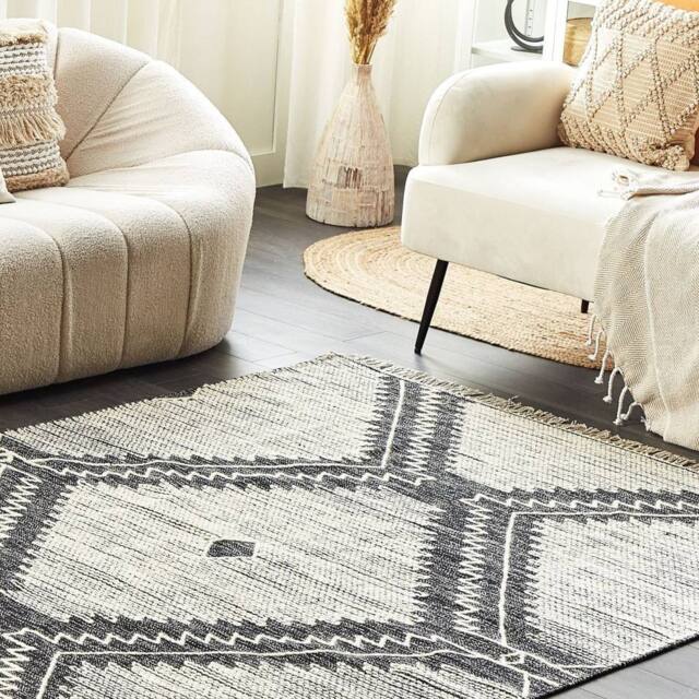 Wyld and Coco Off White and Black Geometric Cotton Wool Rug 160 x 230cm Tassels - Size: 160 cm x 230 cm - image 1