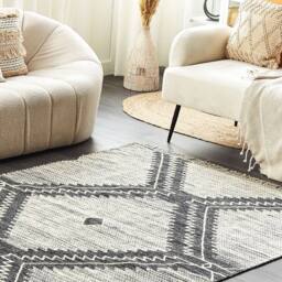 Wyld and Coco Off White and Black Geometric Cotton Wool Rug 160 x 230cm Tassels - Size: 160 cm x 230 cm - thumbnail 1