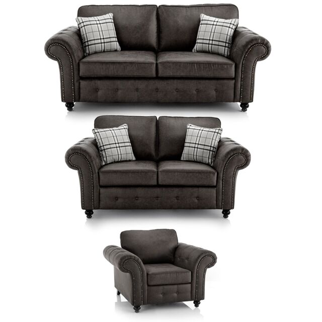Furnishings For Less UK Oakland 3 Piece Sofa Suite 3 Seater, 2 Seater & Armchair Chesterfield Leather Air Tan in Grey - image 1