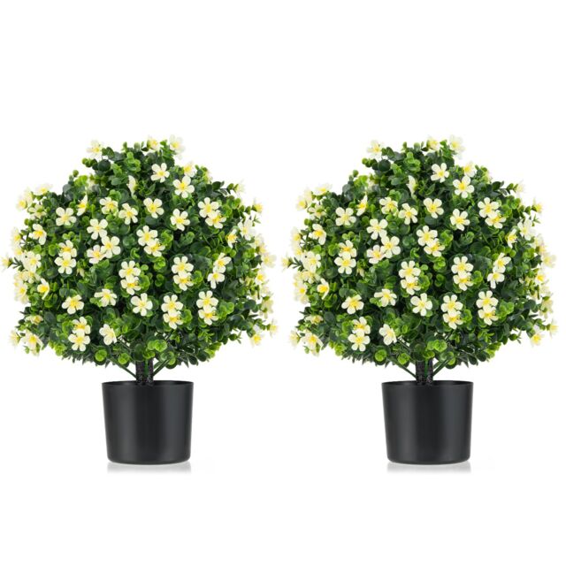 Gymax 2PCS Artificial Boxwood Topiary Ball Tree 54CM With Flowers & Pot in White - Size: 2 Pack - image 1