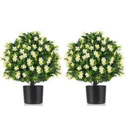 Gymax 2PCS Artificial Boxwood Topiary Ball Tree 54CM With Flowers & Pot in White - Size: 2 Pack - thumbnail 1